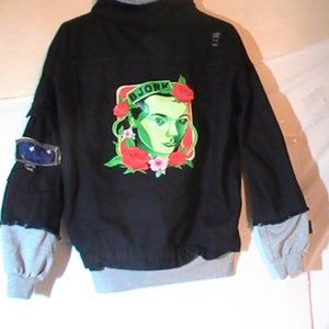 RARE Womans XL Vintage Bjork Baby Smile Denim Blue jean Tour Jacket Hoodie